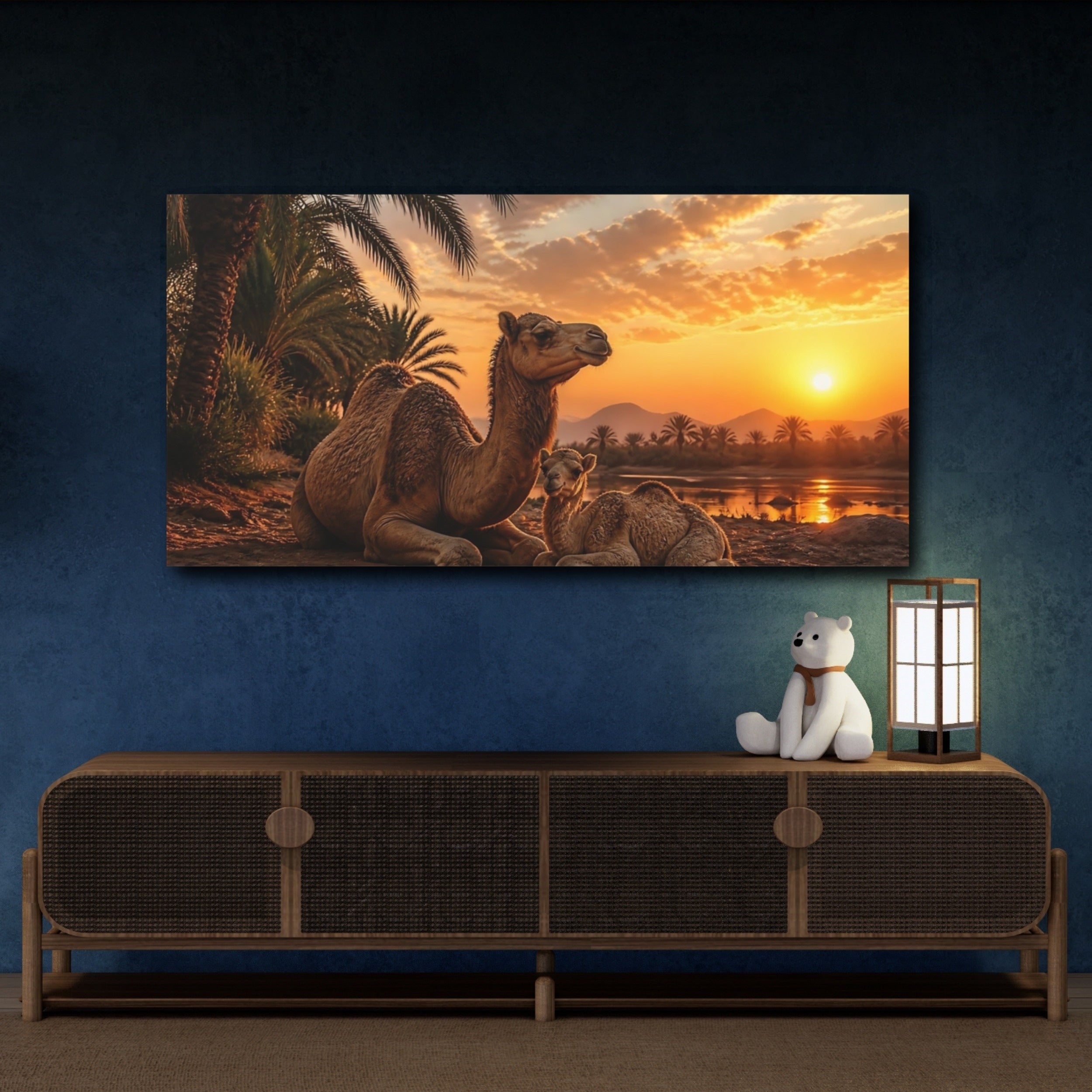 Mockup 4. Animals Camels Brown Camels Sunset shown as stretched canvas wall art