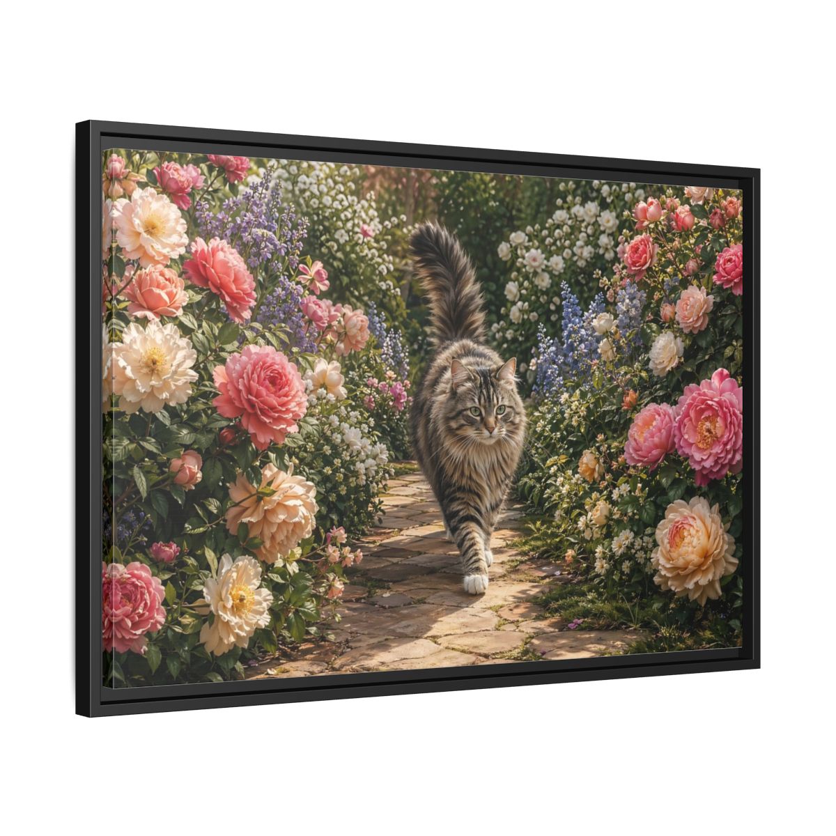 Side Mockup 14. Animals Cat Fluffy Cat Garden shown as stretched canvas wall art