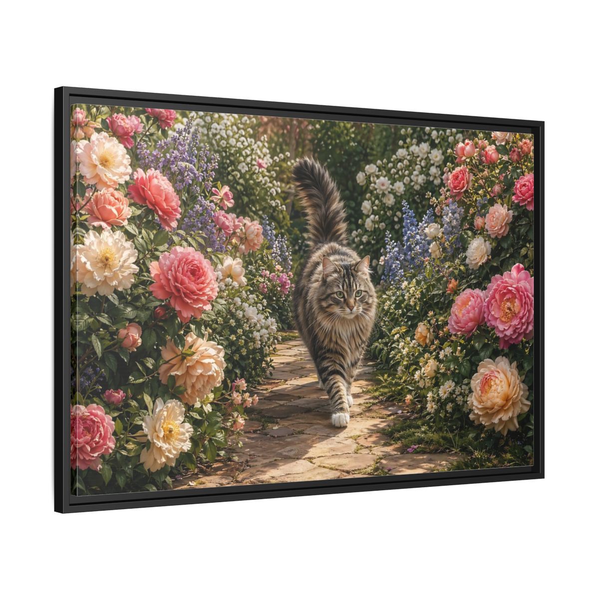Side Mockup 13. Animals Cat Fluffy Cat Garden shown as stretched canvas wall art