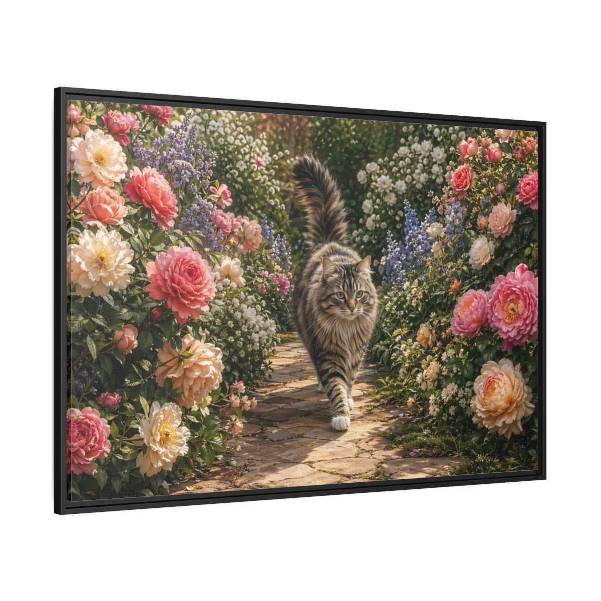 Side Mockup 12. Animals Cat Fluffy Cat Garden shown as stretched canvas wall art