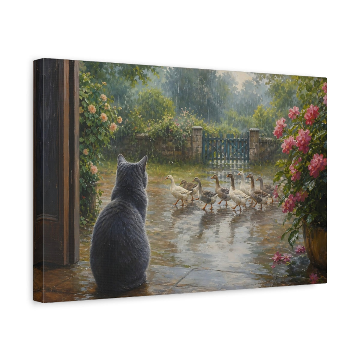 Side Mockup 4. Animals Cat, Geese Rainy Garden Scene shown as stretched canvas wall art