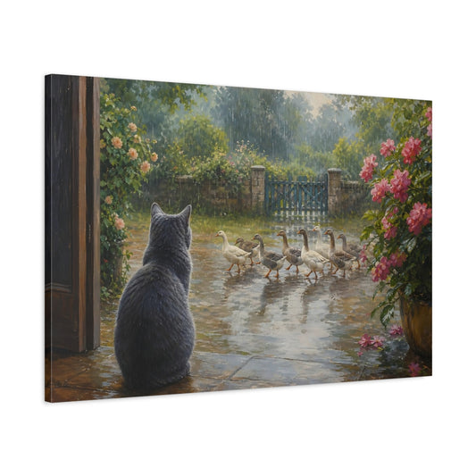 Main Mockup. Animals Cat Geese Rainy Garden Scene shown as stretched canvas wall art