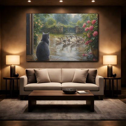 Mockup 2. Animals Cat, Geese Rainy Garden Scene shown as stretched canvas wall art