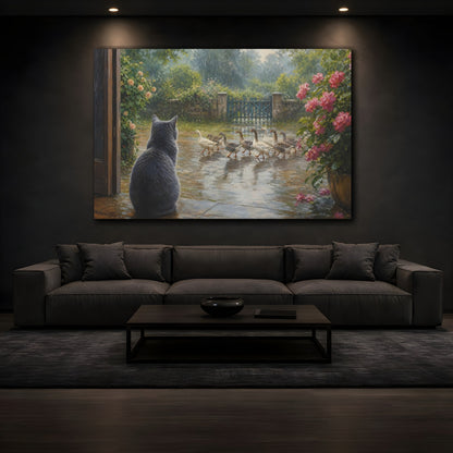 Mockup 3. Animals Cat, Geese Rainy Garden Scene shown as stretched canvas wall art