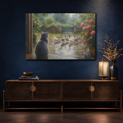 Mockup 4. Animals Cat, Geese Rainy Garden Scene shown as stretched canvas wall art
