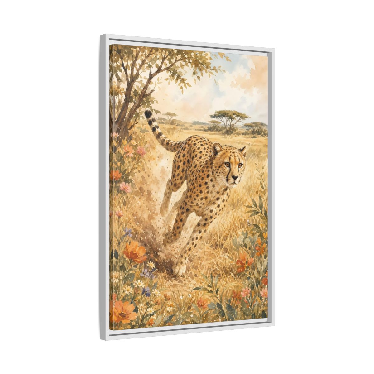 Side Mockup 10. Animals Cheetah Brown And Gold shown as stretched canvas wall art