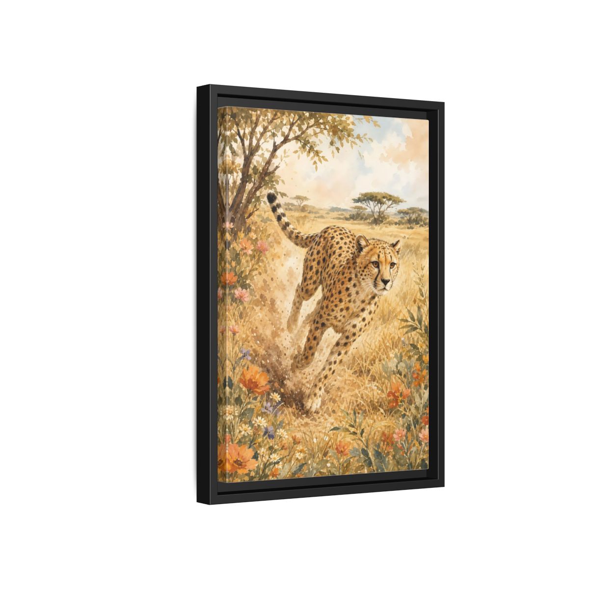 Side Mockup 6. Animals Cheetah Brown And Gold shown as stretched canvas wall art