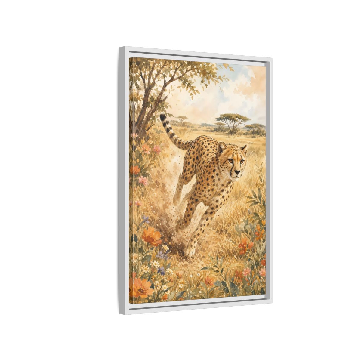 Side Mockup 1. Animals Cheetah Brown And Gold shown as stretched canvas wall art