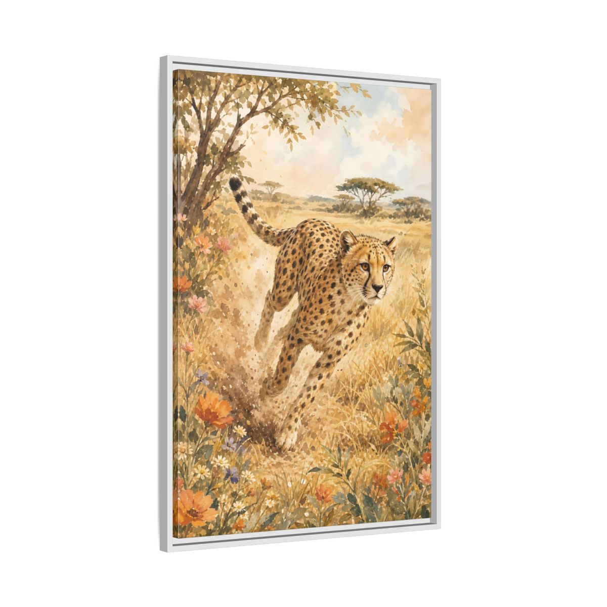 Side Mockup 9. Animals Cheetah Brown And Gold shown as stretched canvas wall art