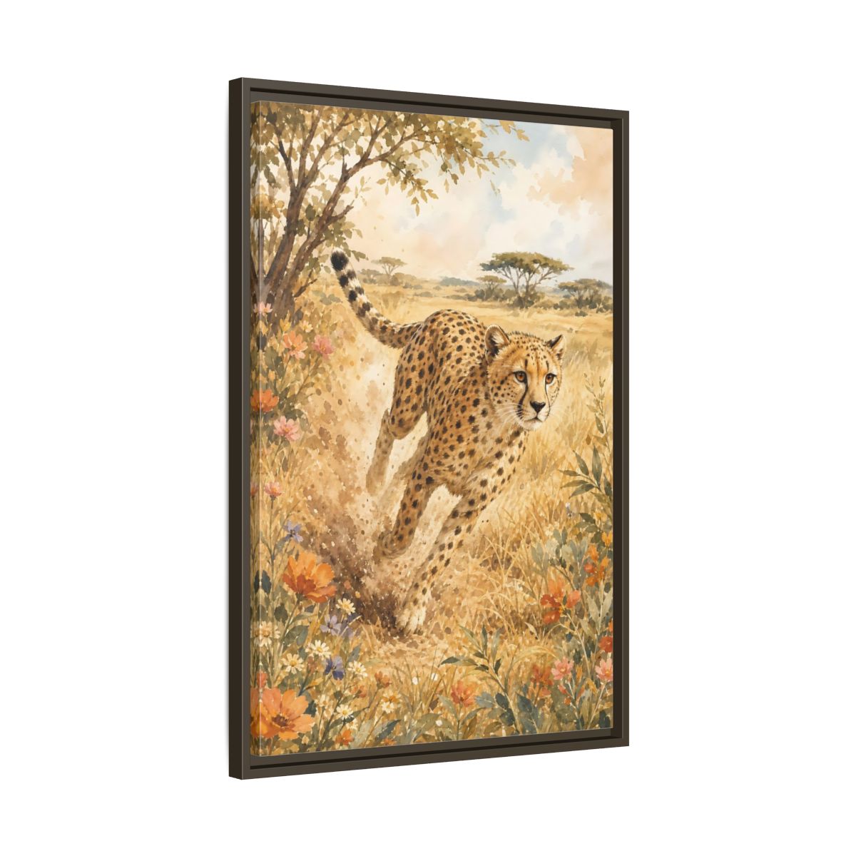 Side Mockup 11. Animals Cheetah Brown And Gold shown as stretched canvas wall art