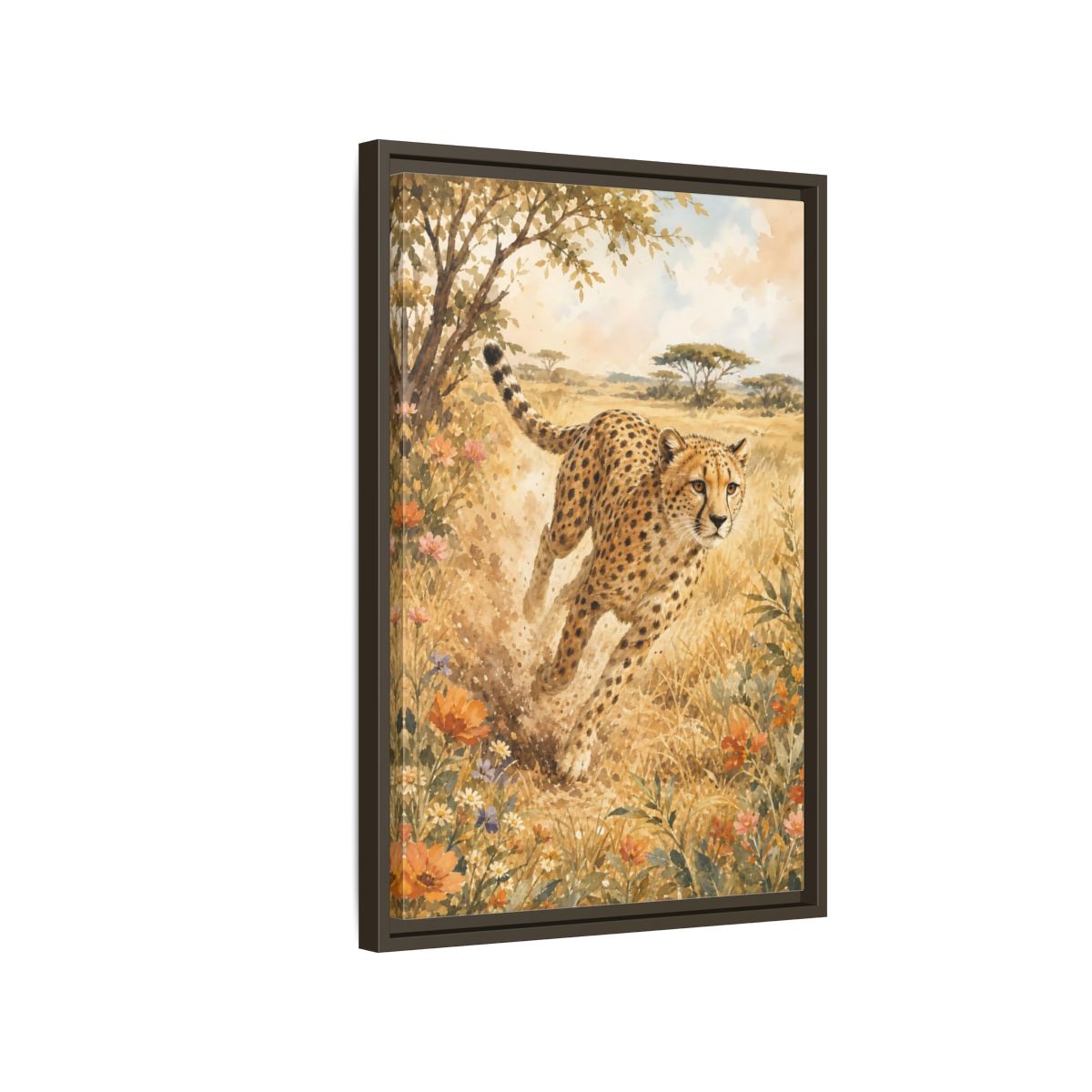 Side Mockup 2. Animals Cheetah Brown And Gold shown as stretched canvas wall art