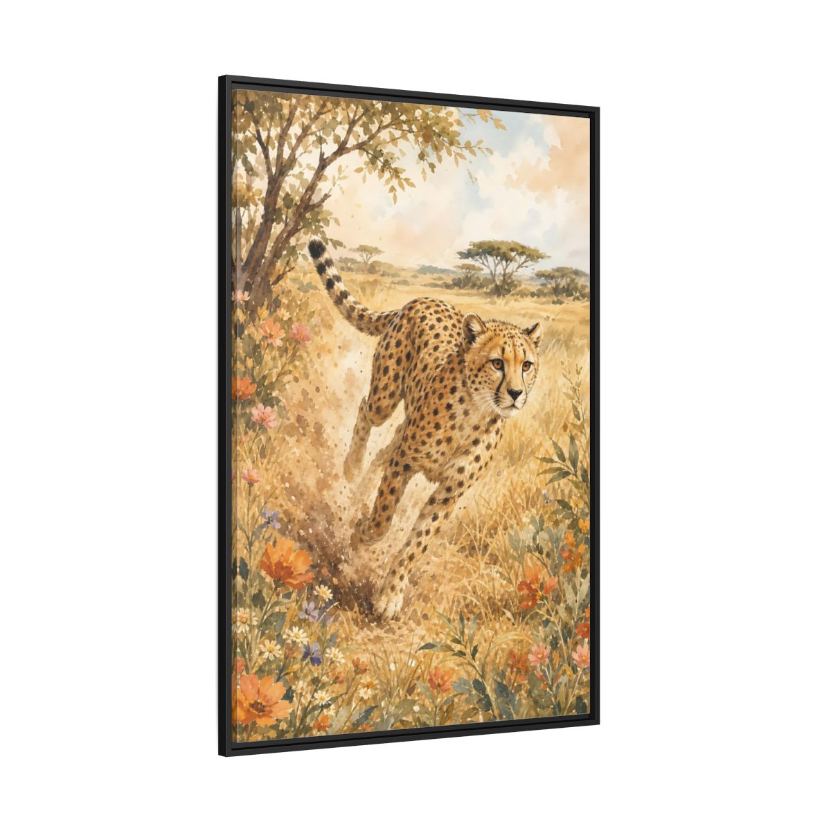 Side Mockup 12. Animals Cheetah Brown And Gold shown as stretched canvas wall art