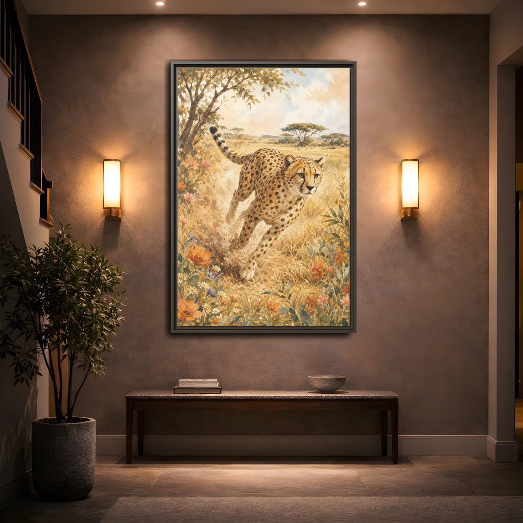 Mockup 2. Animals Cheetah Brown And Gold shown as stretched canvas wall art