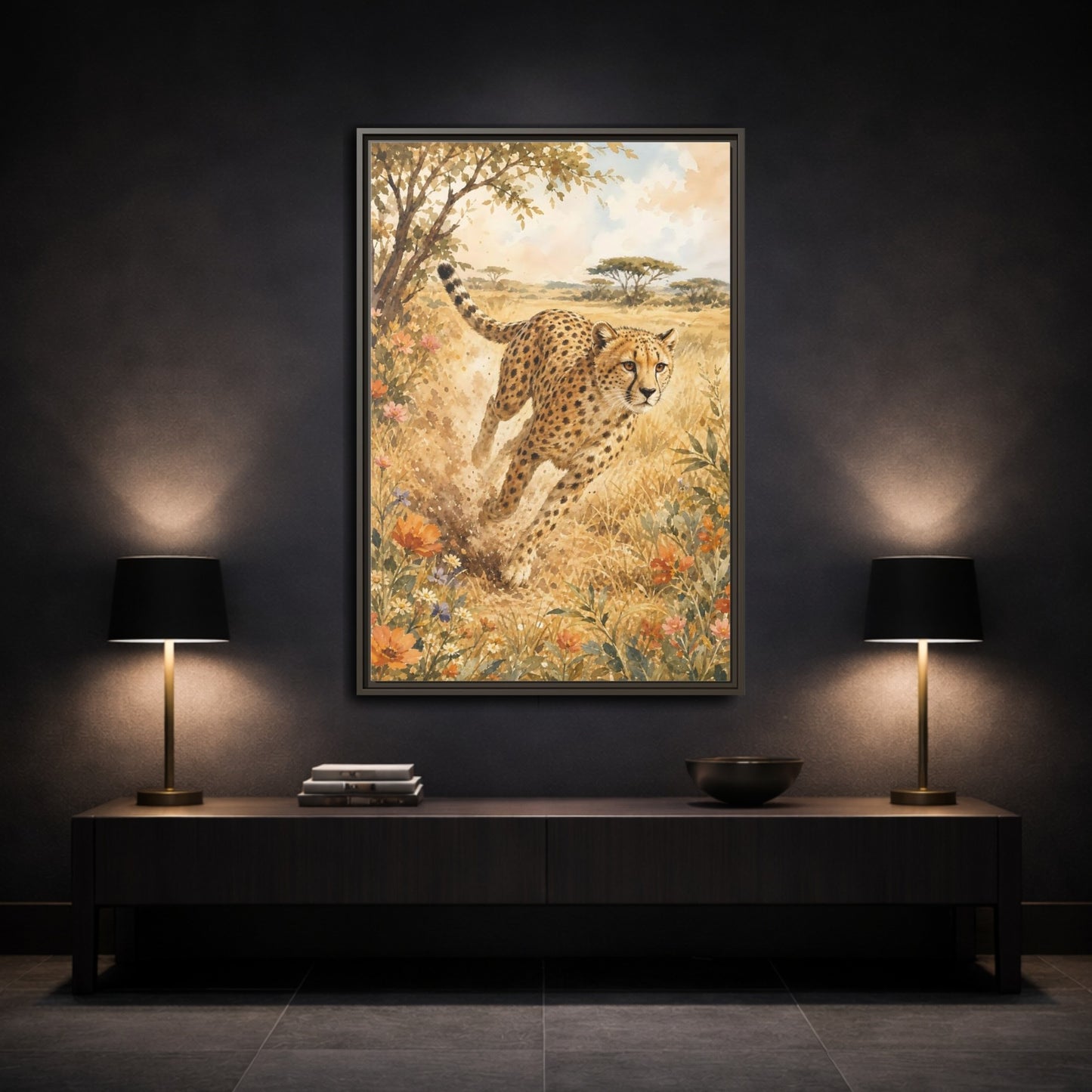 Mockup 3. Animals Cheetah Brown And Gold shown as stretched canvas wall art