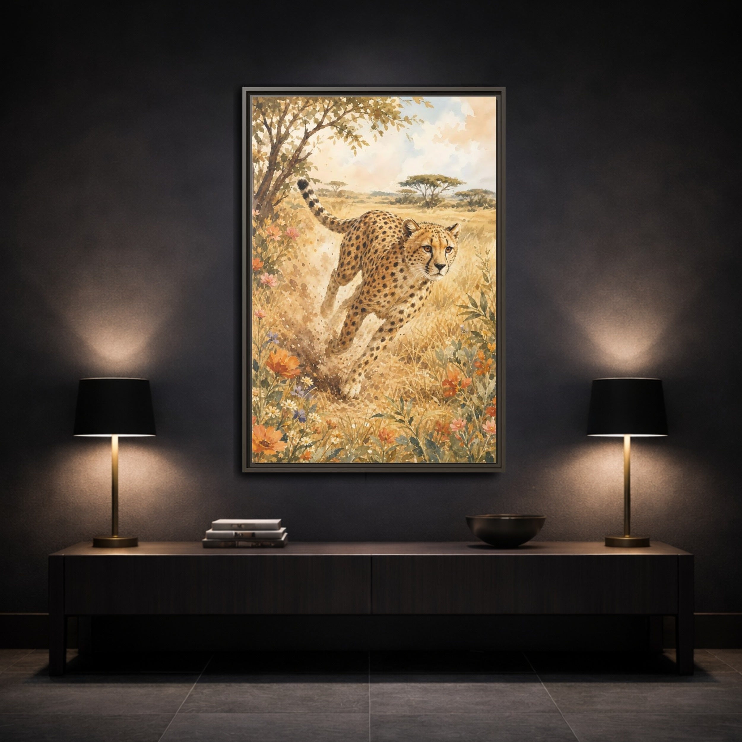 Mockup 3. Animals Cheetah Brown And Gold shown as stretched canvas wall art