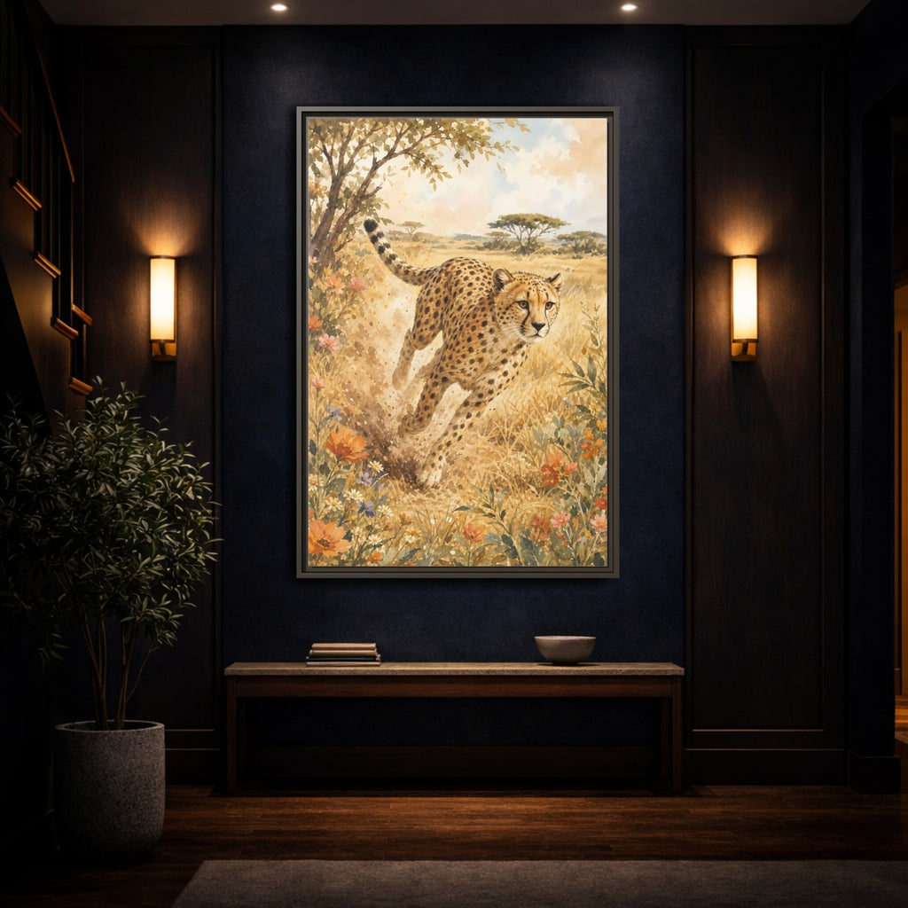 Mockup 4. Animals Cheetah Brown And Gold shown as stretched canvas wall art