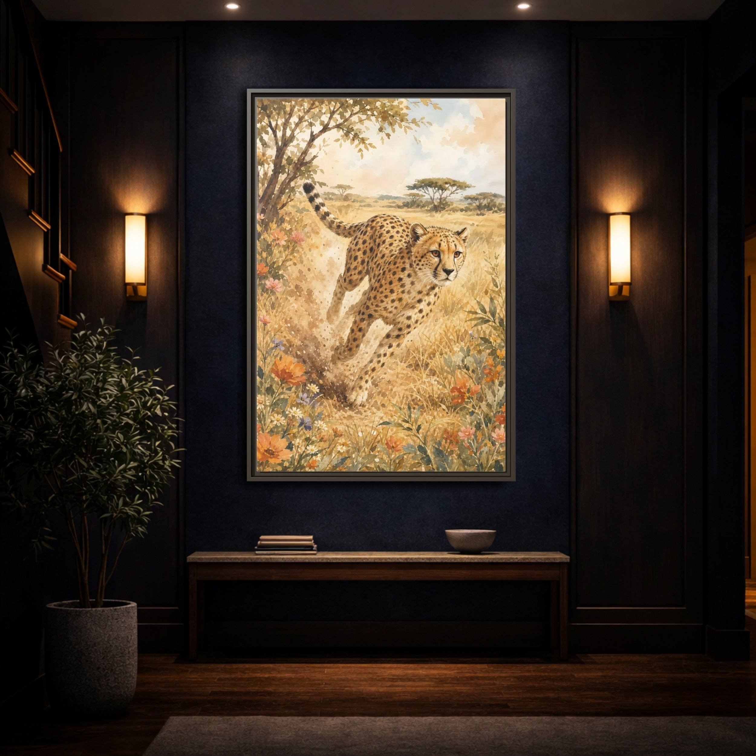 Mockup 4. Animals Cheetah Brown And Gold shown as stretched canvas wall art