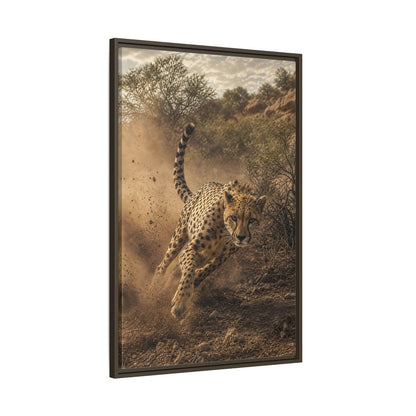 Animals Cheetah Dynamic Framed Canvas Wall Art - Photorealistic Living Room, Above Fireplace shown as canvas wall art