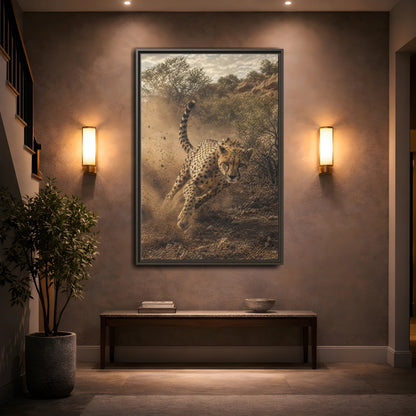 Animals Cheetah Dynamic Framed Canvas Wall Art - Photorealistic Living Room, Above Fireplace shown as canvas wall art