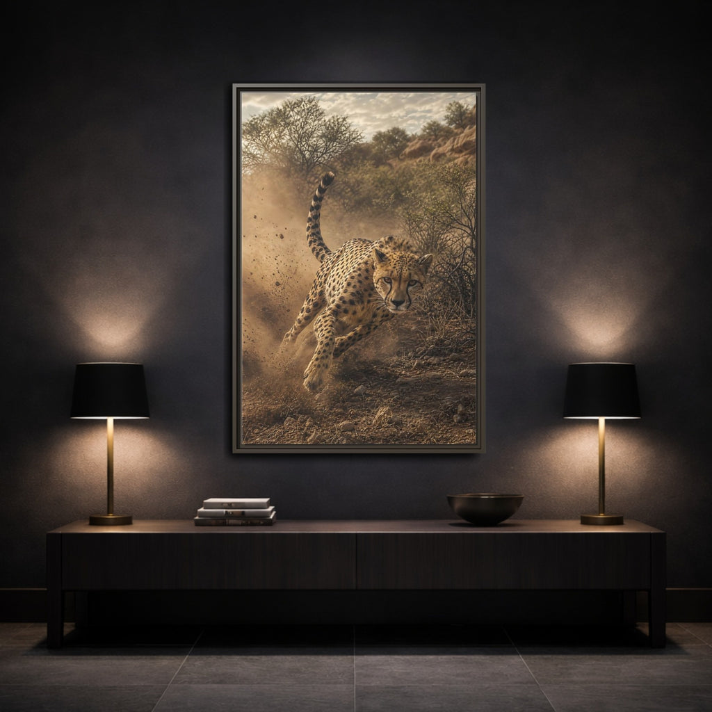 Mockup 3. Animals Cheetah Dynamic Cheetah shown as stretched canvas wall art