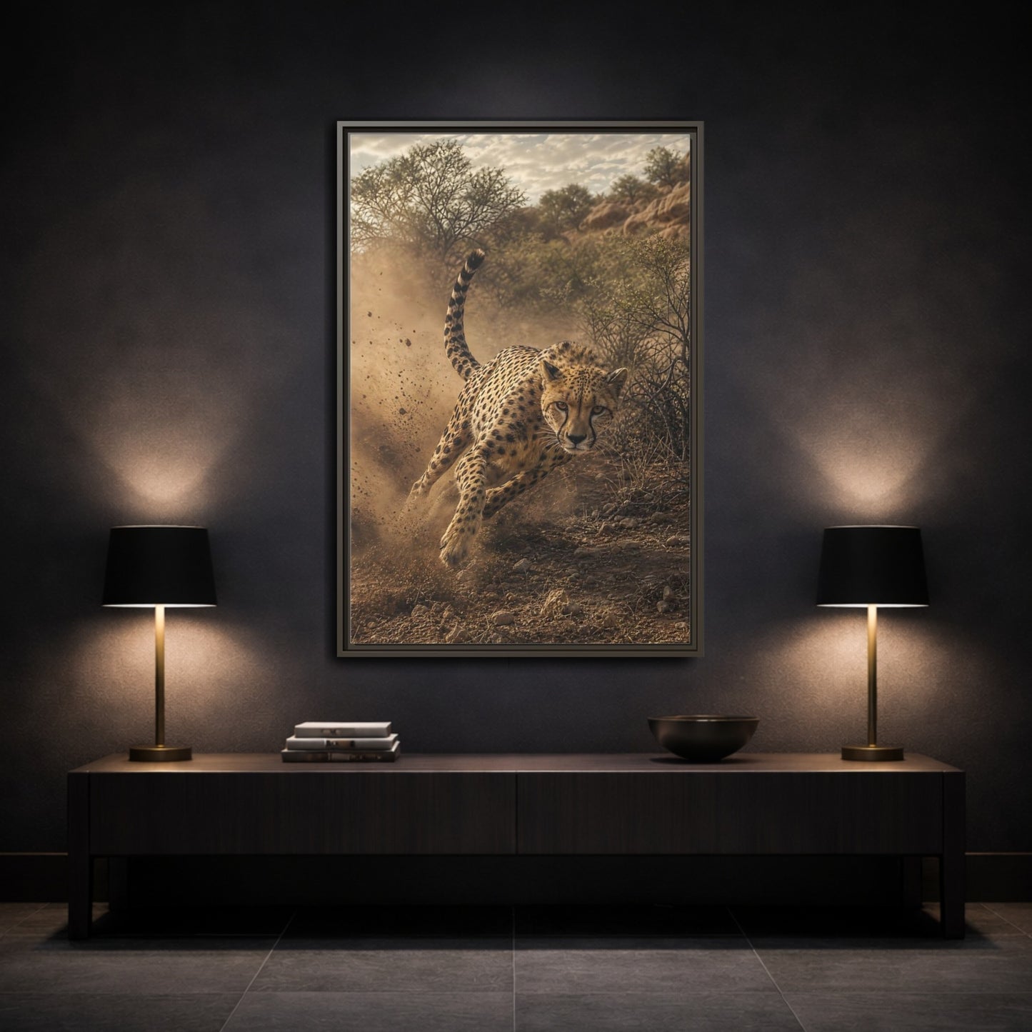 Animals Cheetah Dynamic Framed Canvas Wall Art - Photorealistic Living Room, Above Fireplace shown as canvas wall art