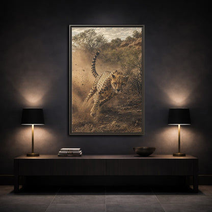 Animals Cheetah Dynamic Framed Canvas Wall Art - Photorealistic Living Room, Above Fireplace shown as canvas wall art