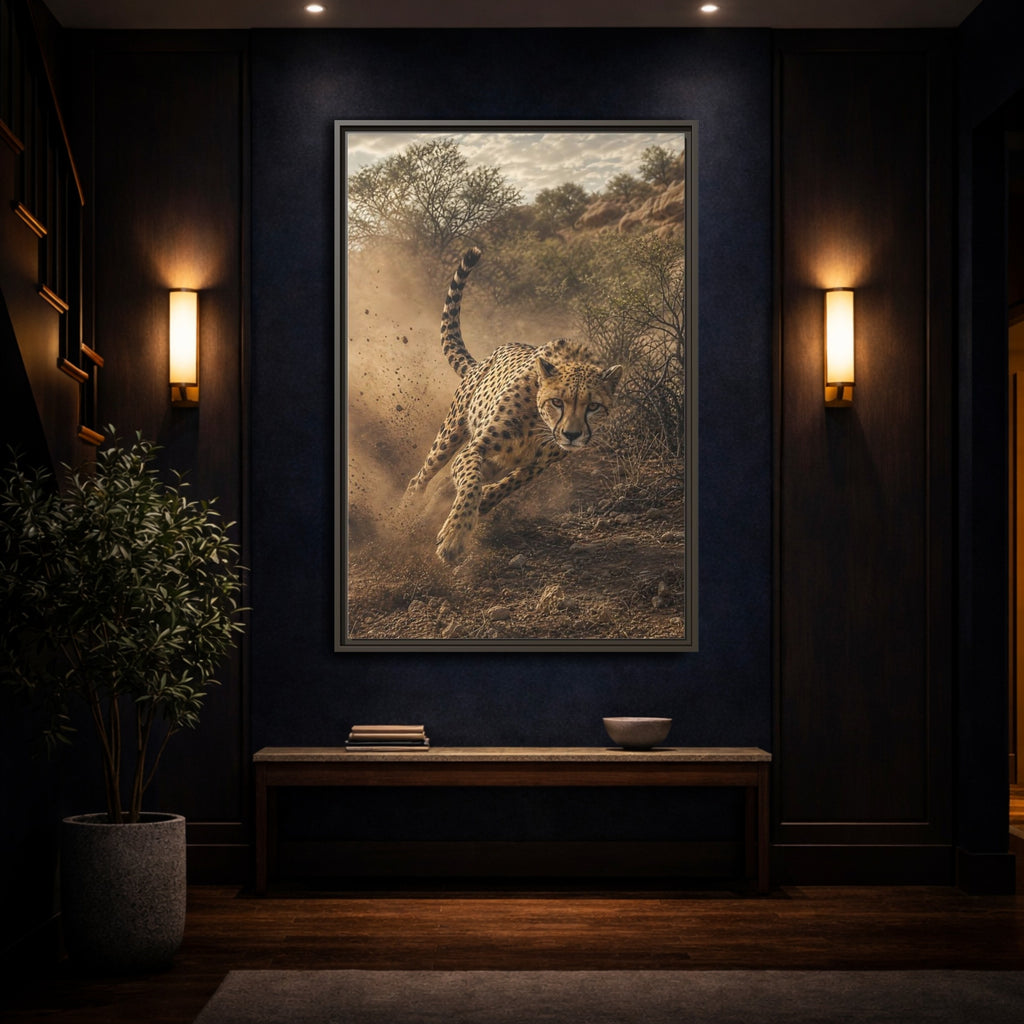Mockup 4. Animals Cheetah Dynamic Cheetah shown as stretched canvas wall art