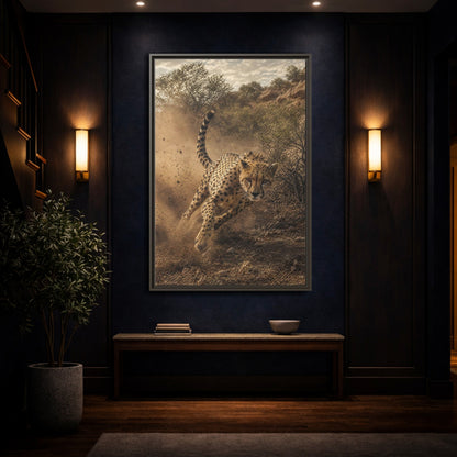 Animals Cheetah Dynamic Framed Canvas Wall Art - Photorealistic Living Room, Above Fireplace shown as canvas wall art