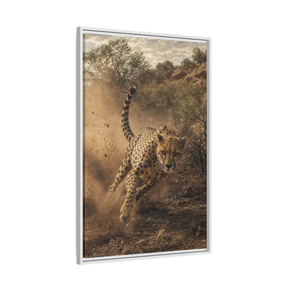 Animals Cheetah Dynamic Framed Canvas Wall Art - Photorealistic Living Room, Above Fireplace shown as canvas wall art