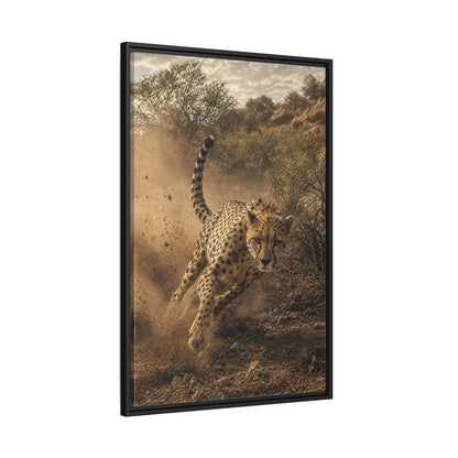Animals Cheetah Dynamic Framed Canvas Wall Art - Photorealistic Living Room, Above Fireplace shown as canvas wall art