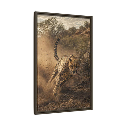 Animals Cheetah Dynamic Framed Canvas Wall Art - Photorealistic Living Room, Above Fireplace shown as canvas wall art