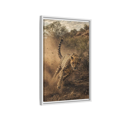 Animals Cheetah Dynamic Framed Canvas Wall Art - Photorealistic Living Room, Above Fireplace shown as canvas wall art
