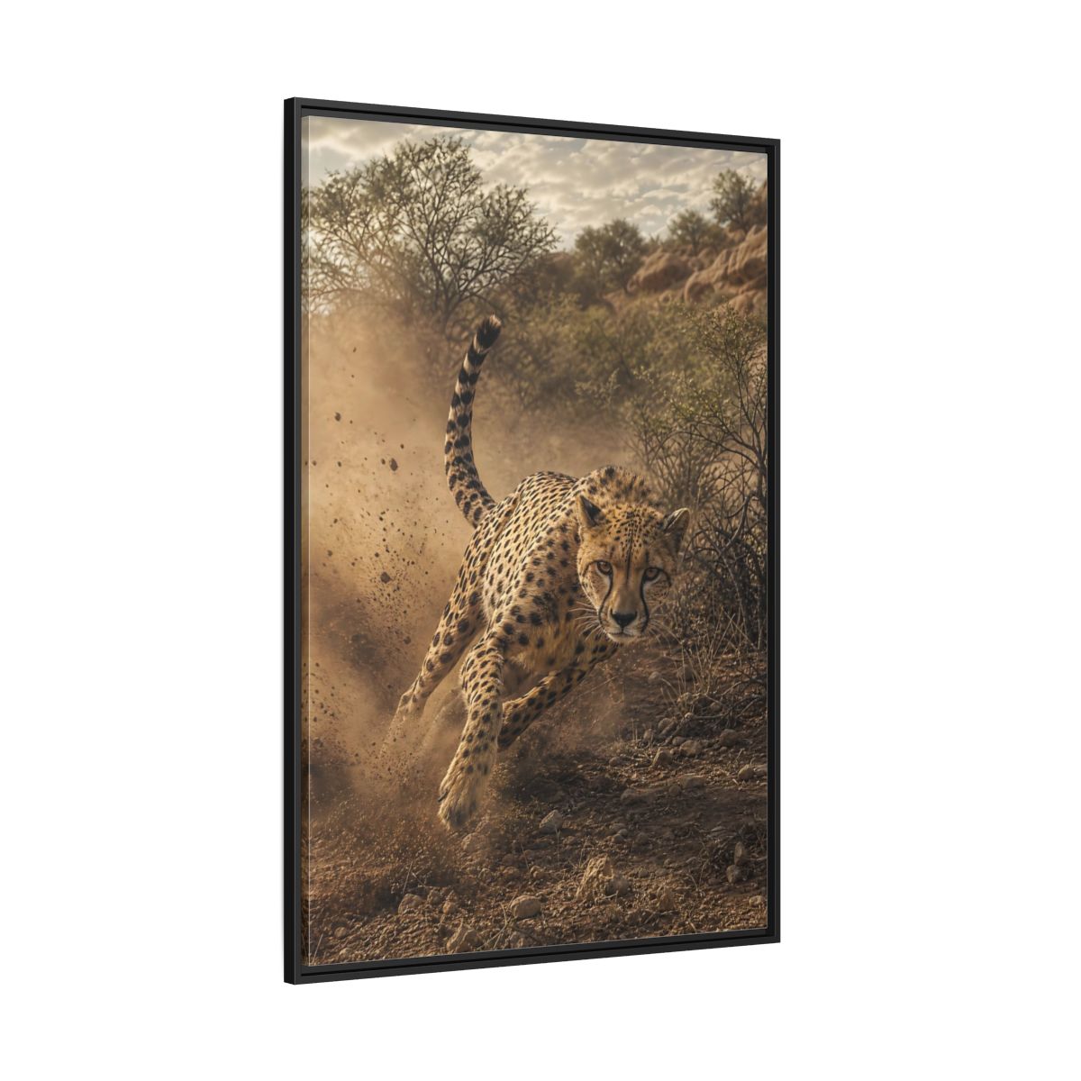 Side Mockup 12. Animals Cheetah Dynamic Cheetah shown as stretched canvas wall art