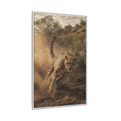 Animals Cheetah Dynamic Framed Canvas Wall Art - Photorealistic Living Room, Above Fireplace shown as canvas wall art