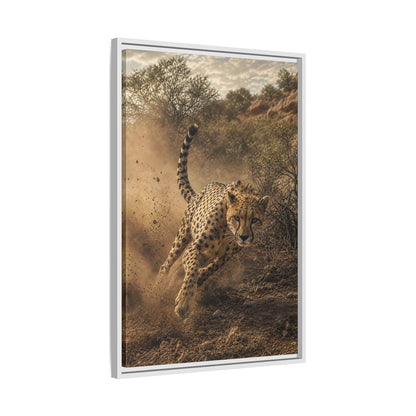 Animals Cheetah Dynamic Framed Canvas Wall Art - Photorealistic Living Room, Above Fireplace shown as canvas wall art