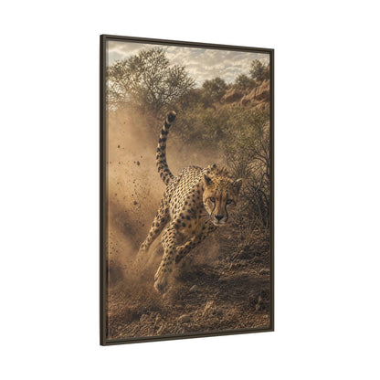 Animals Cheetah Dynamic Framed Canvas Wall Art - Photorealistic Living Room, Above Fireplace shown as canvas wall art