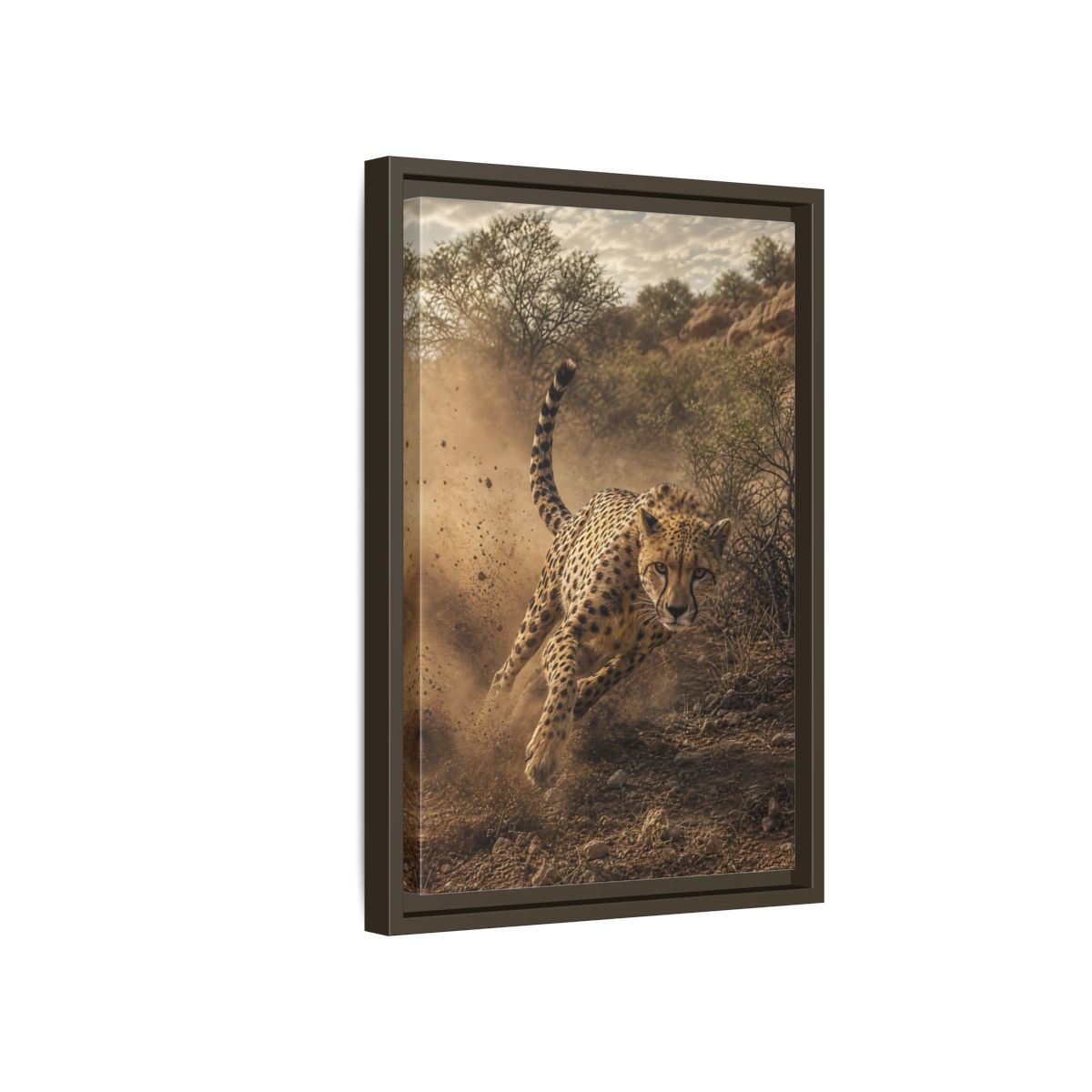 Side Mockup 5. Animals Cheetah Dynamic Cheetah shown as stretched canvas wall art