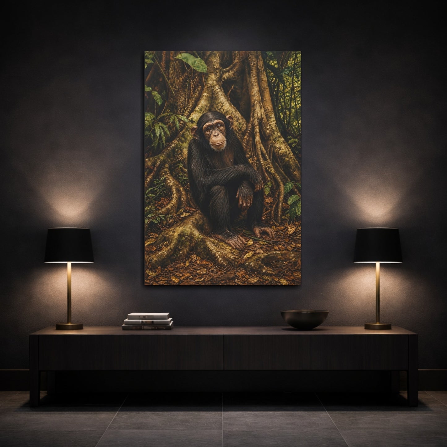 Mockup 3. Animals Chimpanzee Chimpanzee Forest shown as stretched canvas wall art