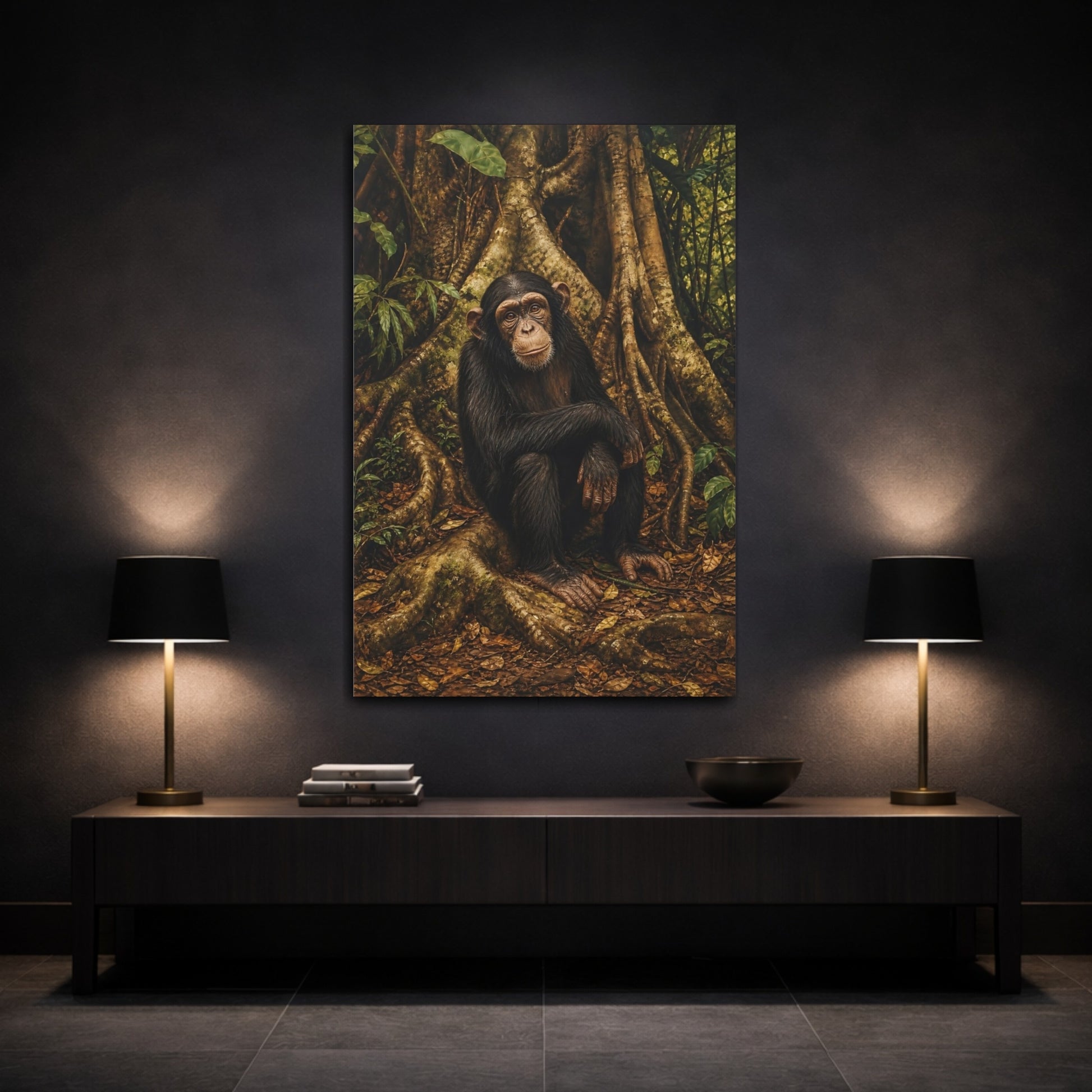 Mockup 3. Animals Chimpanzee Chimpanzee Forest shown as stretched canvas wall art