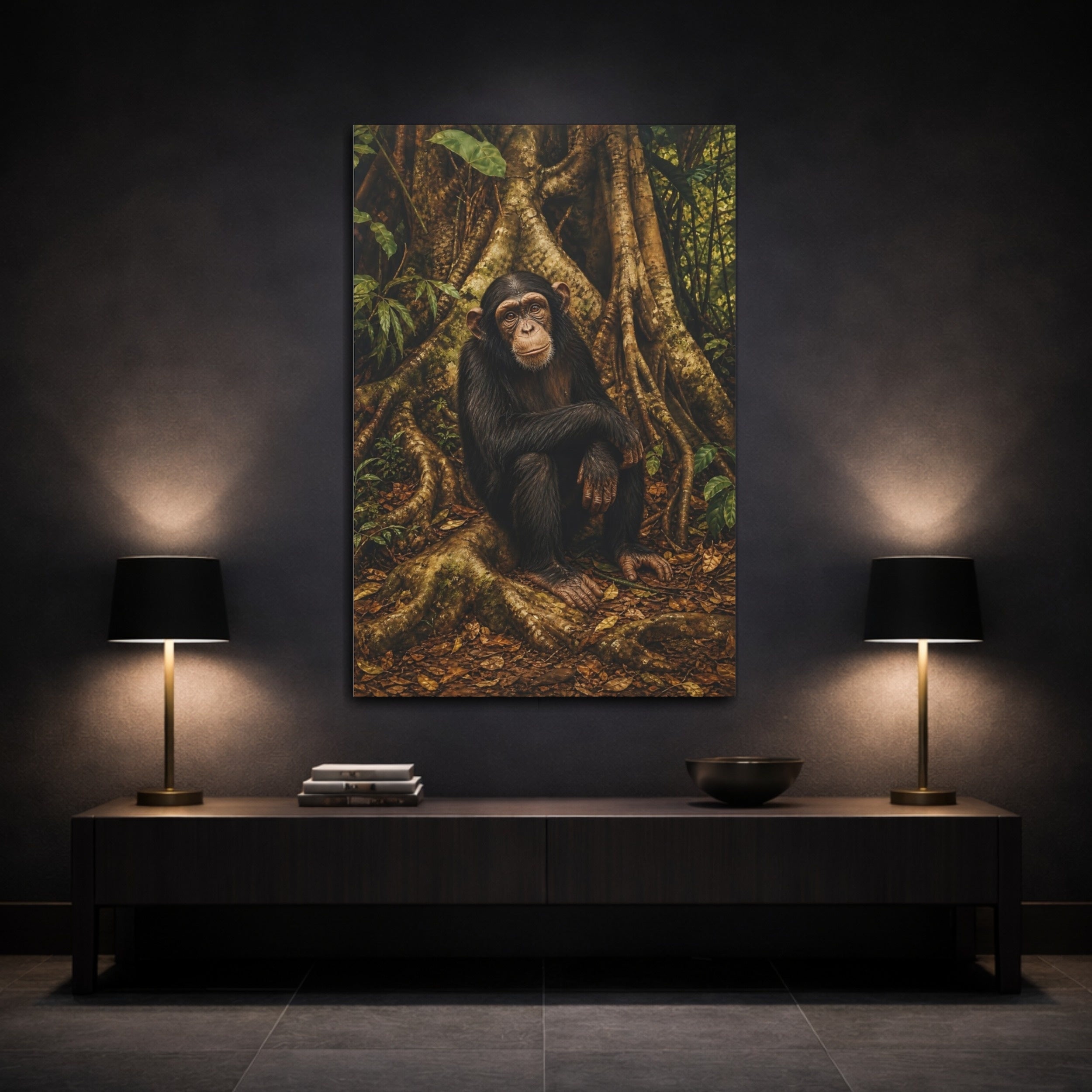 Mockup 3. Animals Chimpanzee Chimpanzee Forest shown as stretched canvas wall art