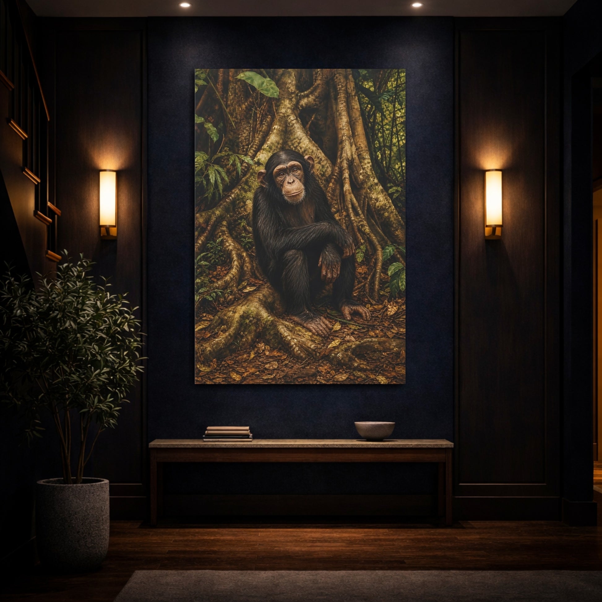Mockup 4. Animals Chimpanzee Chimpanzee Forest shown as stretched canvas wall art