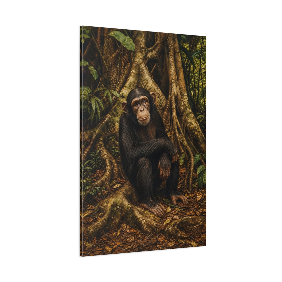 Side Mockup 1. Animals Chimpanzee Chimpanzee Forest shown as stretched canvas wall art