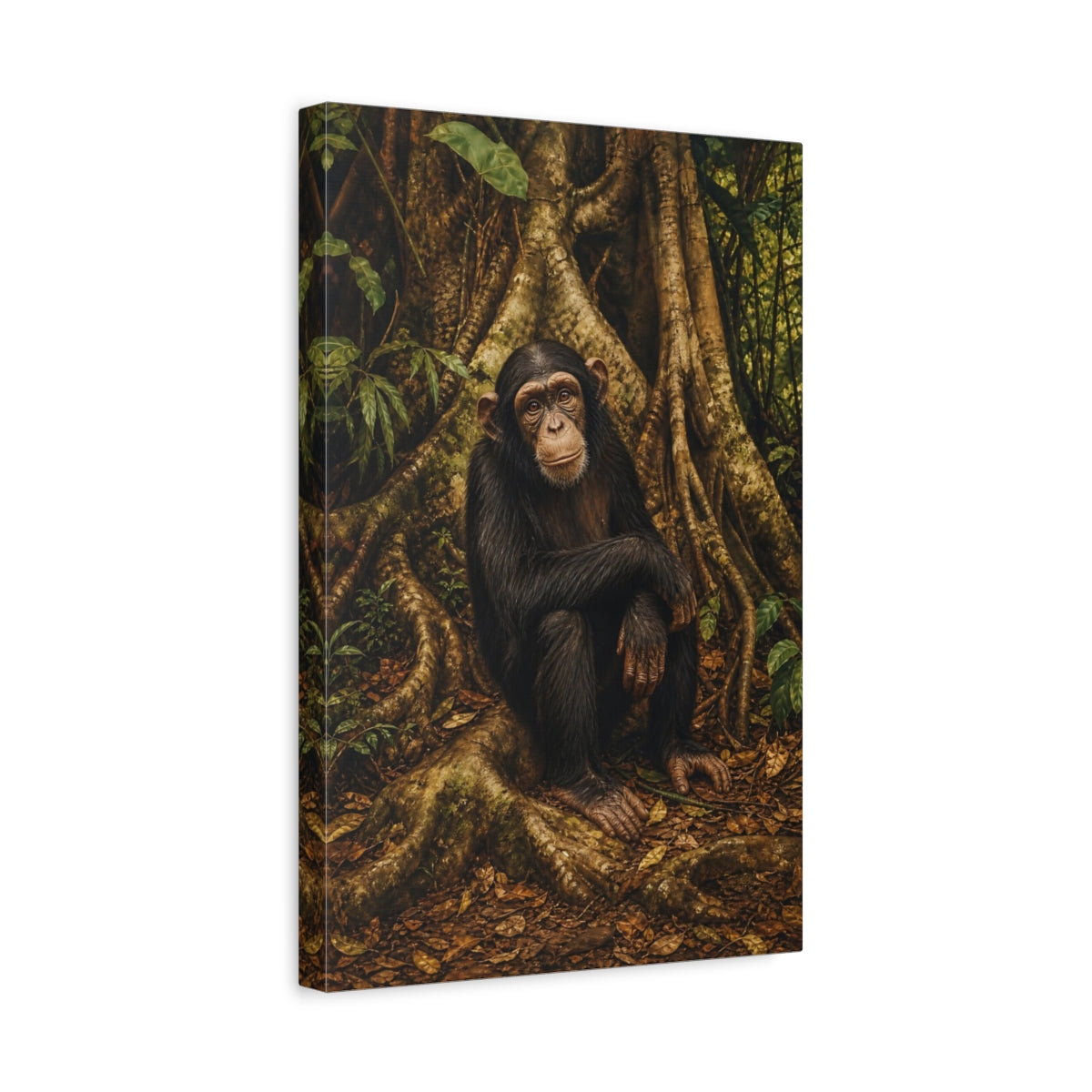 Side Mockup 4. Animals Chimpanzee Chimpanzee Forest shown as stretched canvas wall art