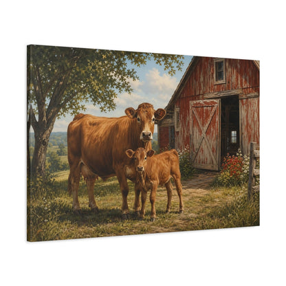 Main Mockup. Animals Cow And Calf Brown And Red Farm shown as stretched canvas wall art