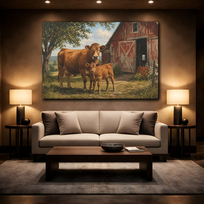 Mockup 2. Animals Cow And Calf Brown And Red Farm shown as stretched canvas wall art