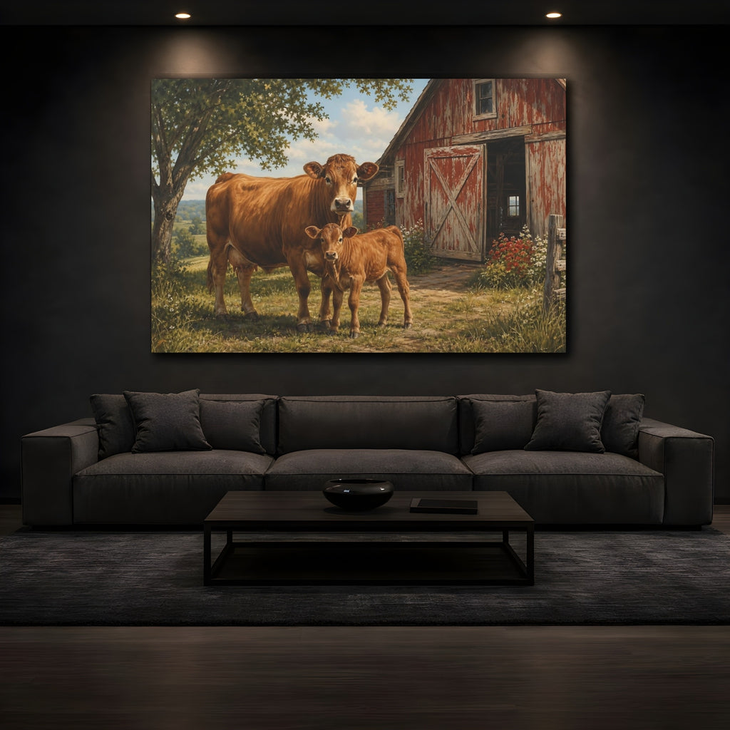Mockup 3. Animals Cow And Calf Brown And Red Farm shown as stretched canvas wall art