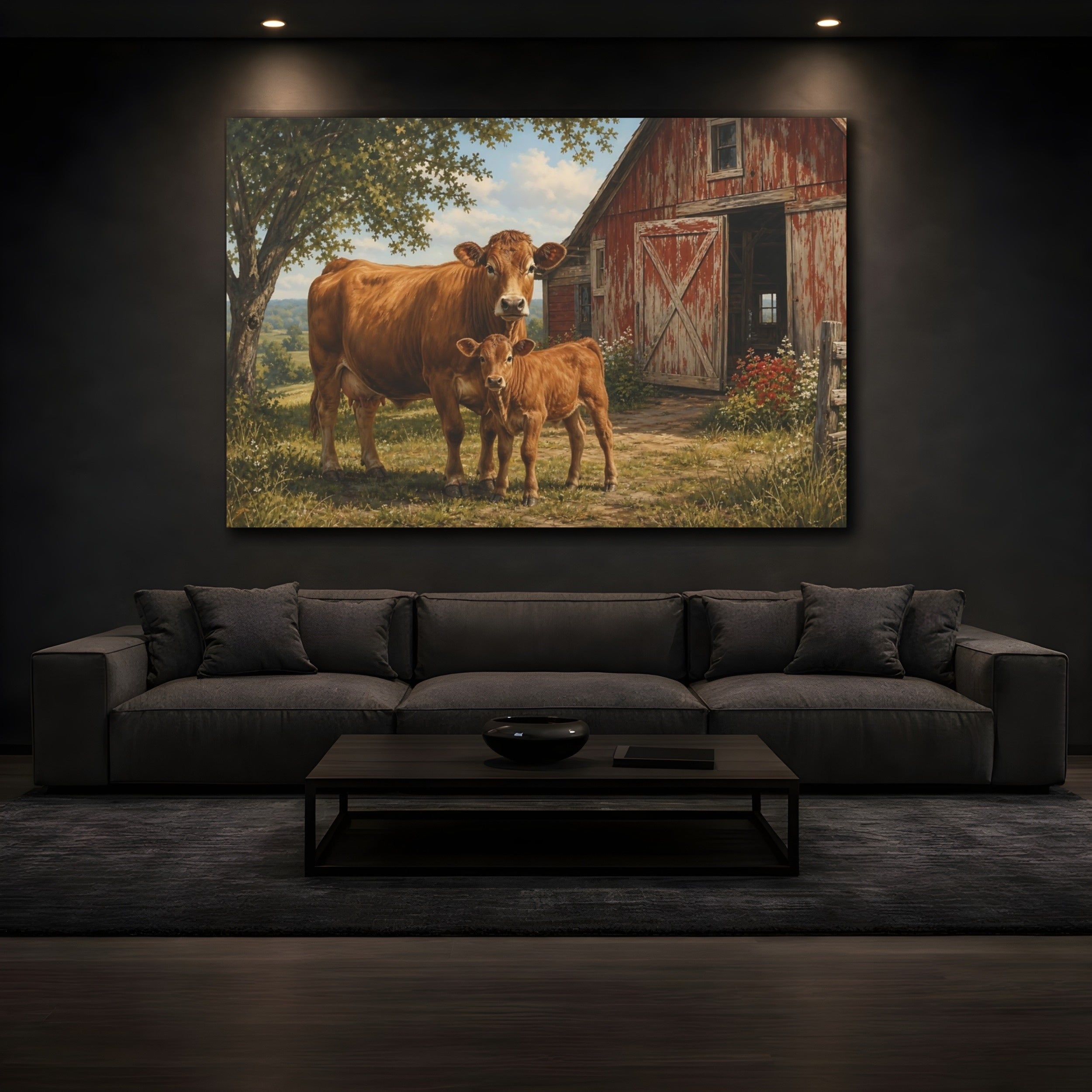 Mockup 3. Animals Cow And Calf Brown And Red Farm shown as stretched canvas wall art