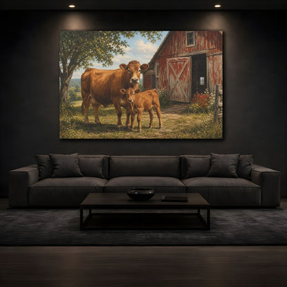 Mockup 3. Animals Cow And Calf Brown And Red Farm shown as stretched canvas wall art