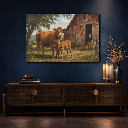 Mockup 4. Animals Cow And Calf Brown And Red Farm shown as stretched canvas wall art