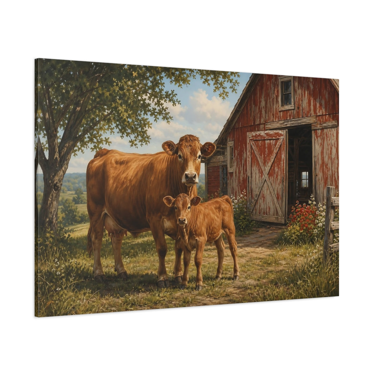 Side Mockup 1. Animals Cow And Calf Brown And Red Farm shown as stretched canvas wall art